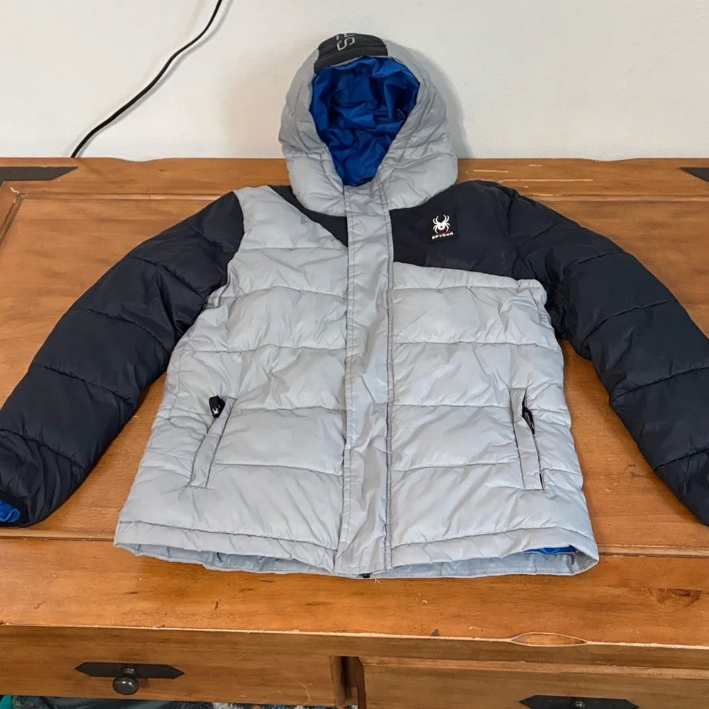 Spyder Silver and Black Hooded Puffer Jacket Size 16